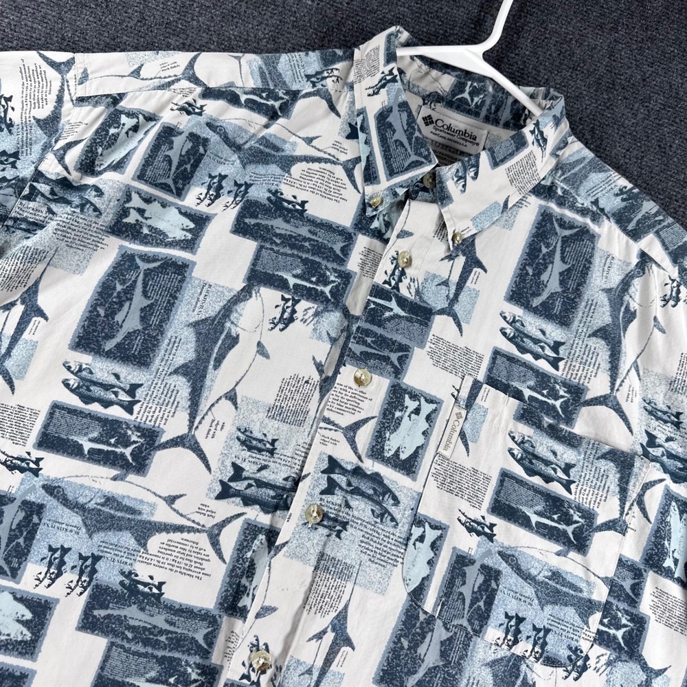 Columbia Button Down Shirt Mens XXL 2XL White Blue Fish Newspaper Print Cotton‎
